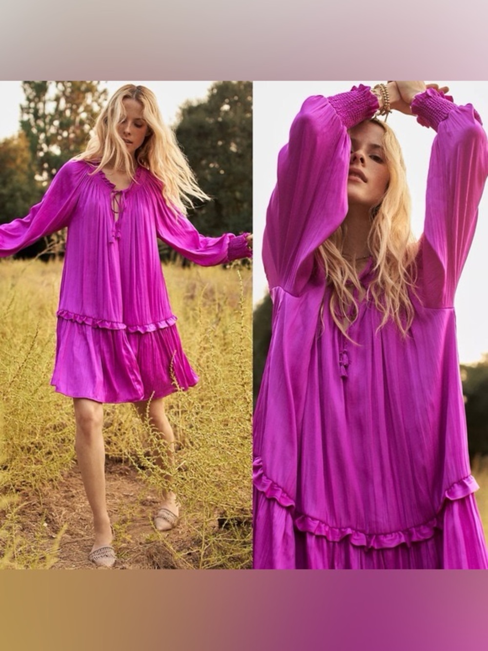 Anthropologie Fuchsia Long-Sleeve Satin Ruffle Dress